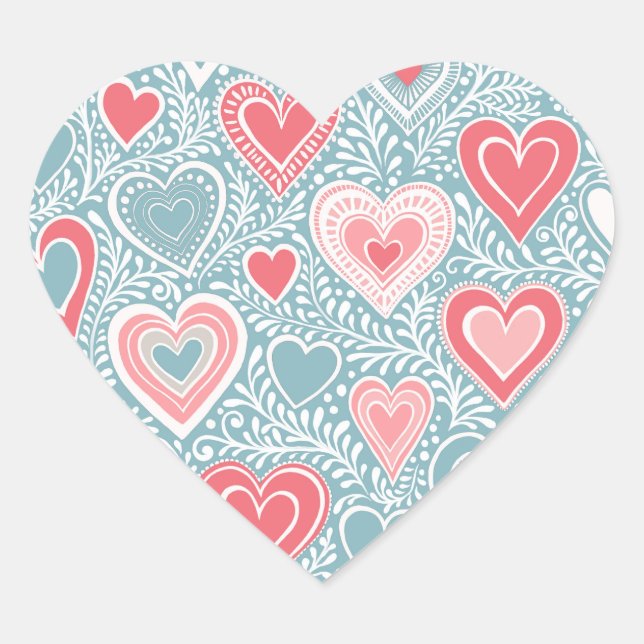 Cute Folk Floral Heart Dusty Blue Pink Baby Shower Heart Sticker (Front)