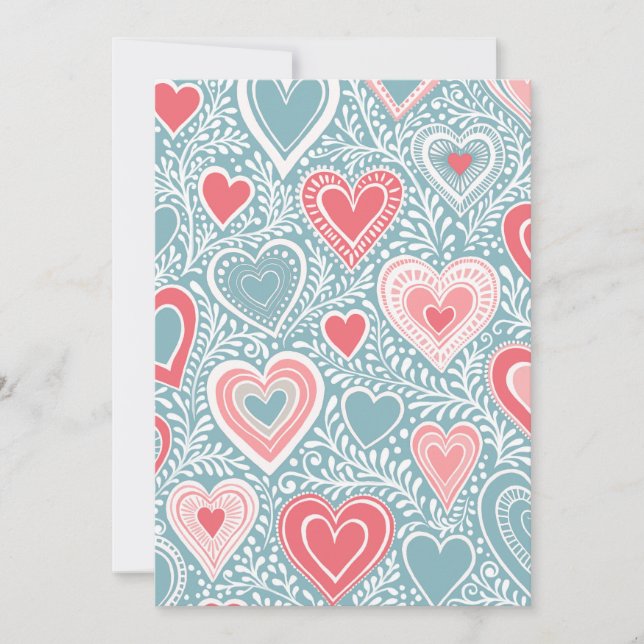 Cute Folk Floral Heart Dusty Blue Pink Baby Shower Holiday Card (Front)