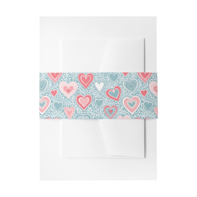 Cute Folk Floral Heart Dusty Blue Pink Baby Shower Invitation Belly Band (Front Example)