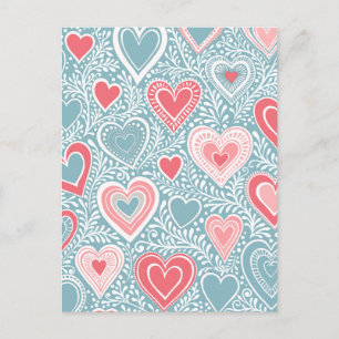 Cute Folk Floral Heart Dusty Blue Pink Baby Shower Postcard