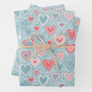 Cute Folk Floral Heart Dusty Blue Pink Baby Shower Wrapping Paper Sheet