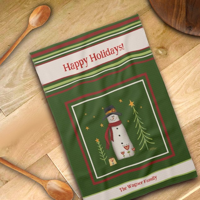 Cute Folk Snowman Personalised Christmas  Tea Towel (Creator Uploaded)