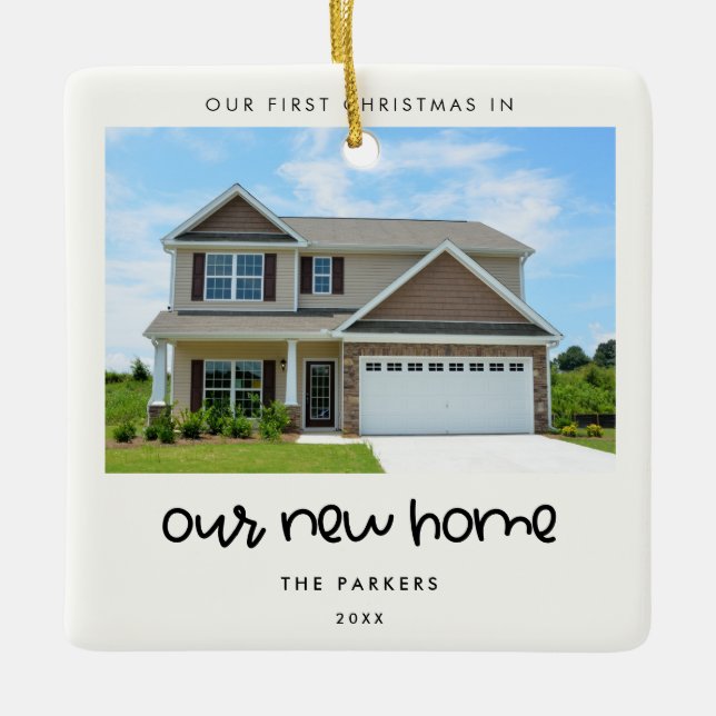 Cute font First Christmas in our new home Ceramic Ornament (Front)