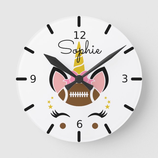 Cute Football & Bow Unicorn Round Clock (Front)