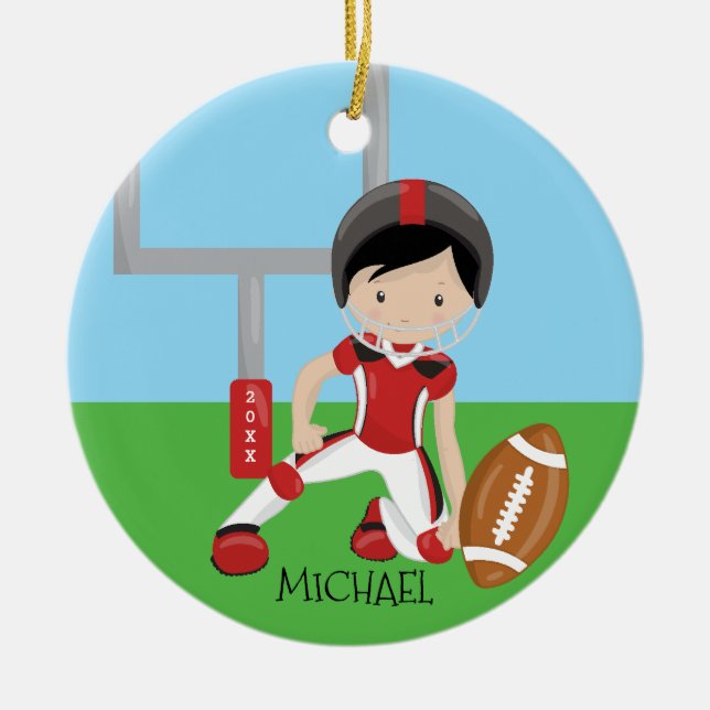 Cute Football Player Personalised Christmas Ceramic Tree Decoration (Front)