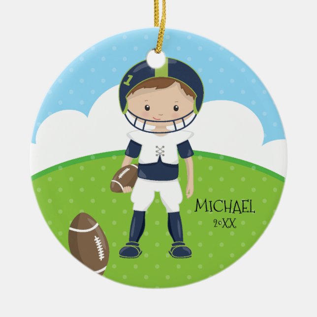 Cute Football Player Personalised Dated Christmas Ceramic Tree Decoration (Front)