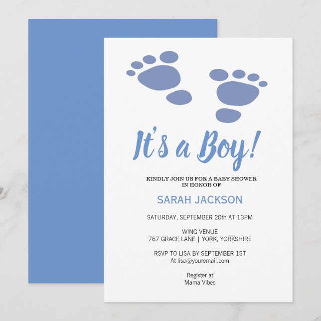 Cute Footprint Modern Blue It’s a Boy Baby Shower  Invitation (Front/Back)