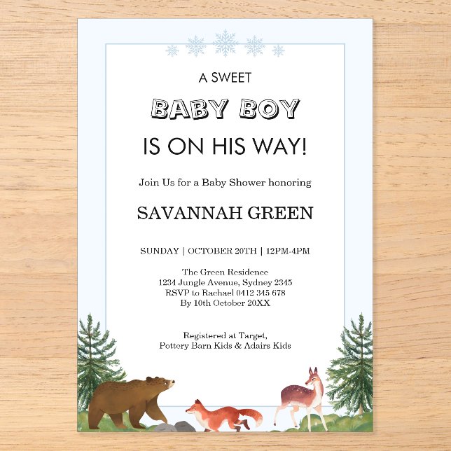 Cute Forest Animals Baby Boy Shower Design Acrylic Invitations (Front)