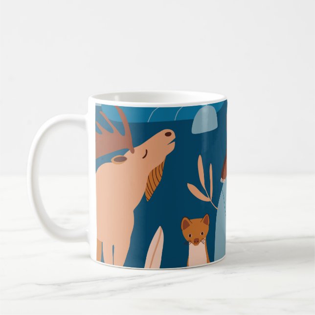 Cute forest animals, dark seamless design. coffee mug (Left)