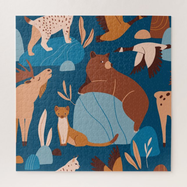 Cute forest animals, dark seamless design. jigsaw puzzle (Vertical)