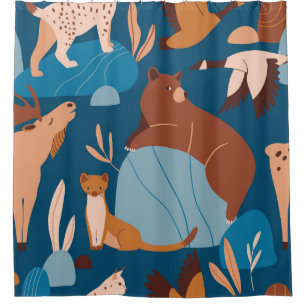 Cute forest animals, dark seamless design. shower curtain