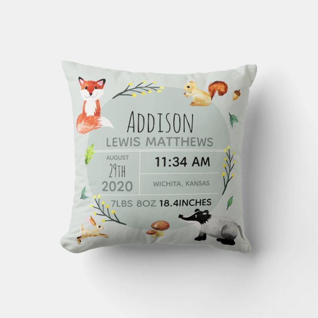 Cute Forest Animals Fox Name Baby Boy Birth Stats Cushion (Front)