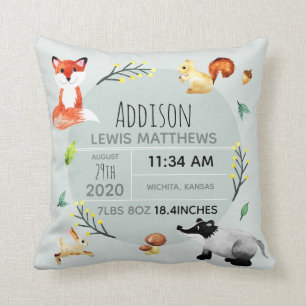 Cute Forest Animals Fox Name Baby Boy Birth Stats Cushion