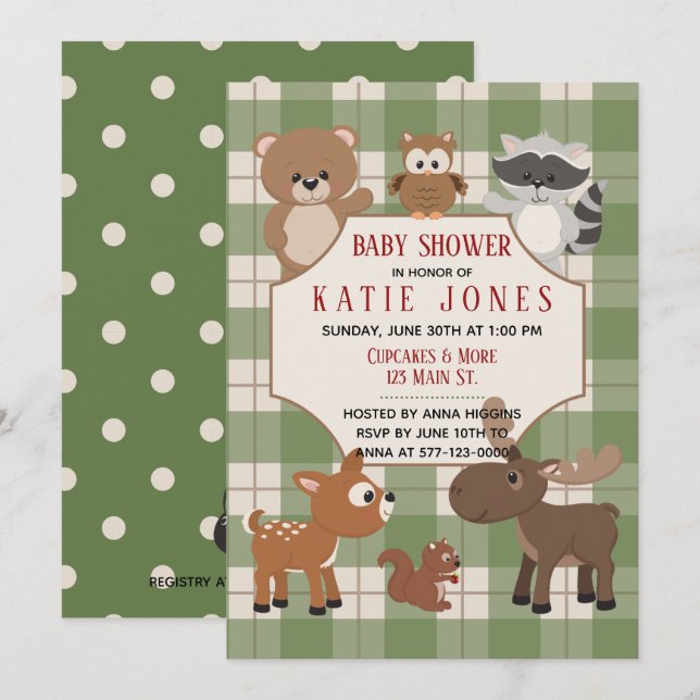 Cute Forest Animals Green Plaid Baby Shower Invite (Front/Back)