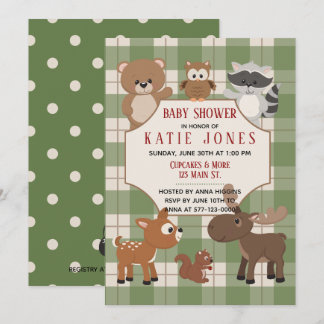 Cute Forest Animals Green Plaid Baby Shower Invite