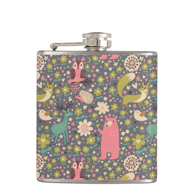 Cute Forest Animals Pattern Hip Flask (Front)