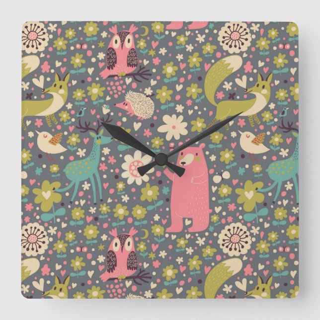 Cute Forest Animals Pattern Square Wall Clock (Front)