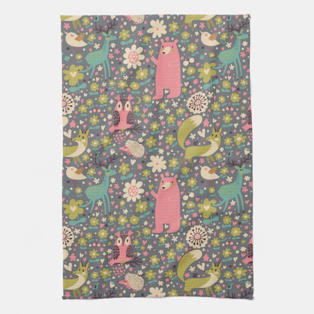Cute Forest Animals Pattern Tea Towel (Vertical)