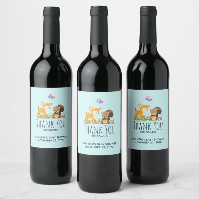 Cute Forest Animals Whimsical Cartoon Baby Shower Wine Label (Bottles)