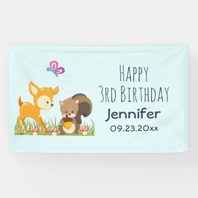 Cute Forest Animals Whimsical Cartoon Birthday Banner (Horizontal)