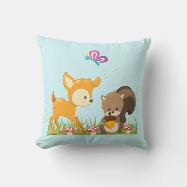 Cute Forest Animals Whimsical Cartoon Cushion (Front)