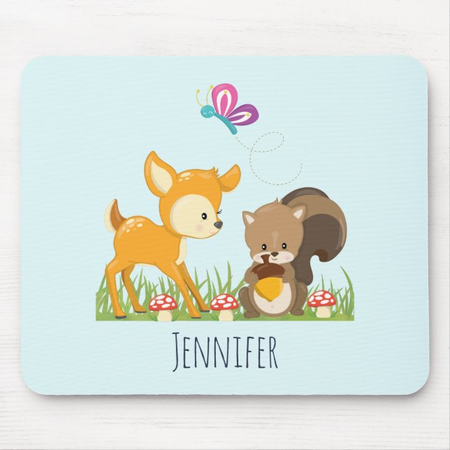 Cute Forest Animals Whimsical Cartoon Mouse Mat (Front)