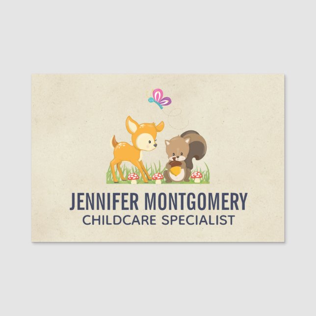 Cute Forest Animals Whimsical Cartoon Name Tag (Front)
