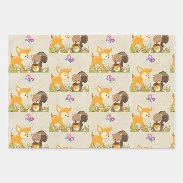Cute Forest Animals Whimsical Cartoon Pattern Wrapping Paper Sheet (Front)