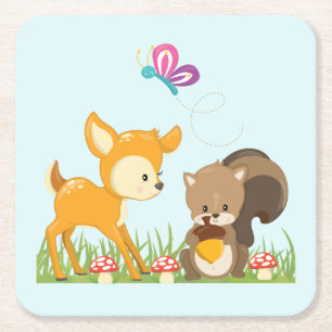 Cute Forest Animals Whimsical Cartoon Square Paper Coaster