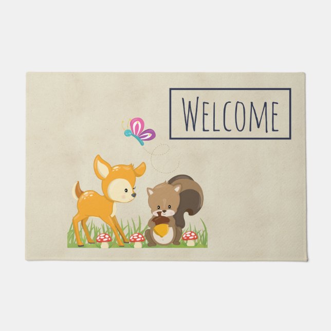 Cute Forest Animals Whimsical Cartoon Welcome Doormat (Front)