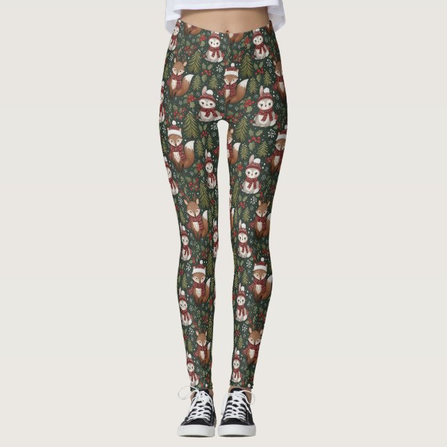 Cute Forest Animals Winter Pattern Leggings (Front)