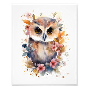 Cute Forest Baby Owl with Flowers for Nursery Photo Print