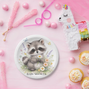 Cute Forest Baby Raccoon Baby Shower Paper Plate