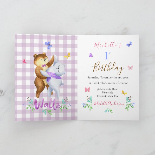 Cute Forest Bears Waltzing 1st Birthday Party Invitation (Inside)