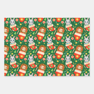 Cute Forest Christmas Animals, Stockings, Mittens Wrapping Paper Sheet