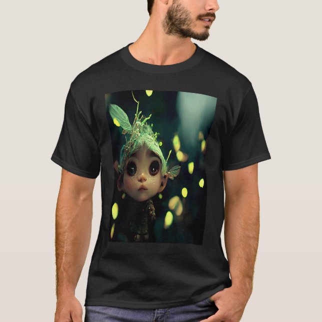 Cute Forest Fairy Elf in a Green Bioluminescent Fo T-Shirt (Front)