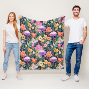 Cute Forest Flower Mushroom Cottagecore Pattern Fleece Blanket