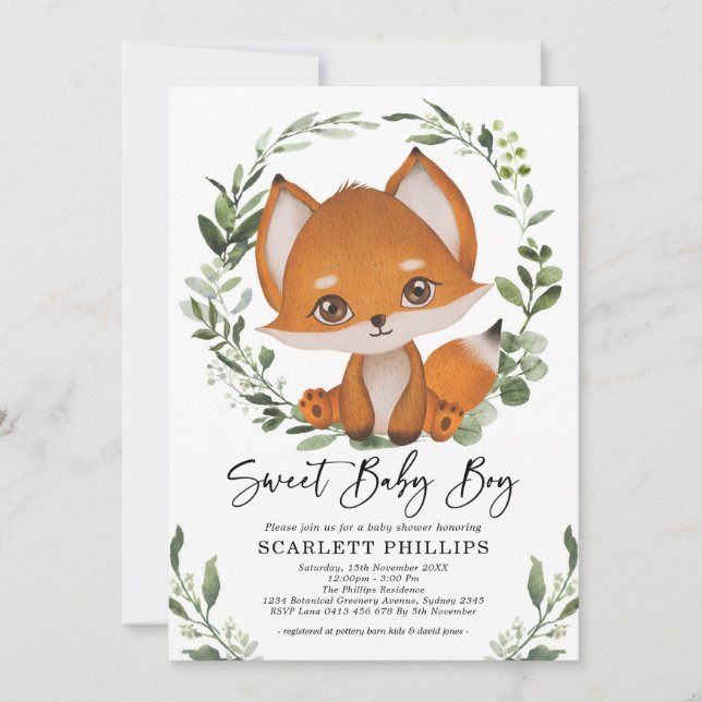 Cute Forest Fox Greenery Wreath Baby Boy Shower Invitation (Front)