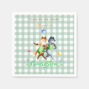 Cute Forest Foxes Dancing Charleston Green Gingham Napkin