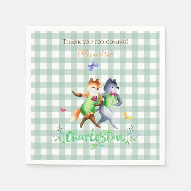 Cute Forest Foxes Dancing Charleston Green Gingham Napkin (Front)