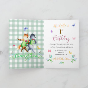Cute Forest Foxes Green Gingham 1st Birthday Invitation