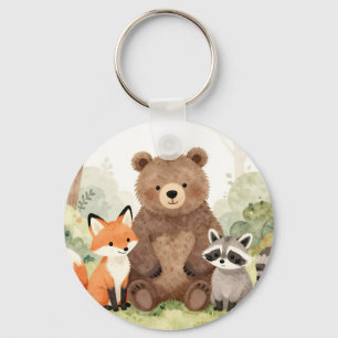 Cute Forest Friends Bear Fox Raccoon Watercolor Key Ring