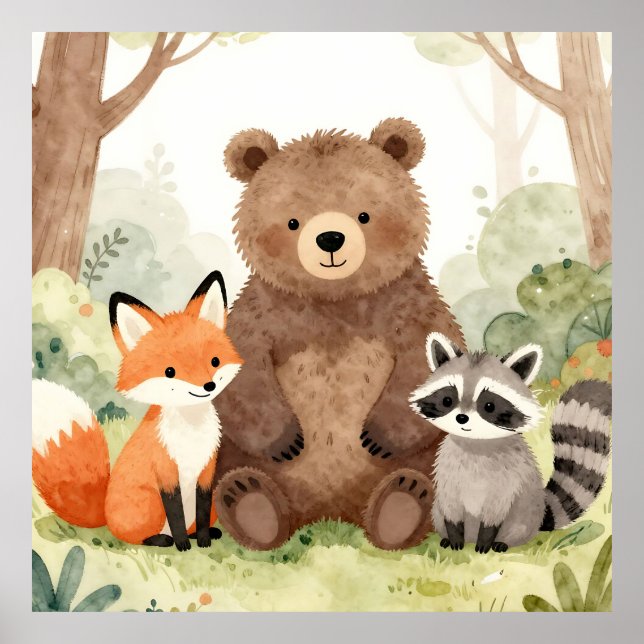 Cute Forest Friends Bear Fox Raccoon Watercolor Poster (Front)