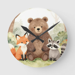 Cute Forest Friends Bear Fox Raccoon Watercolor Round Clock