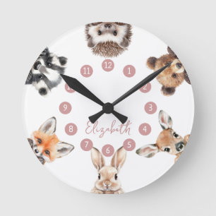 Cute Forest Friends Woodland Animals Pink Nursery Round Clock