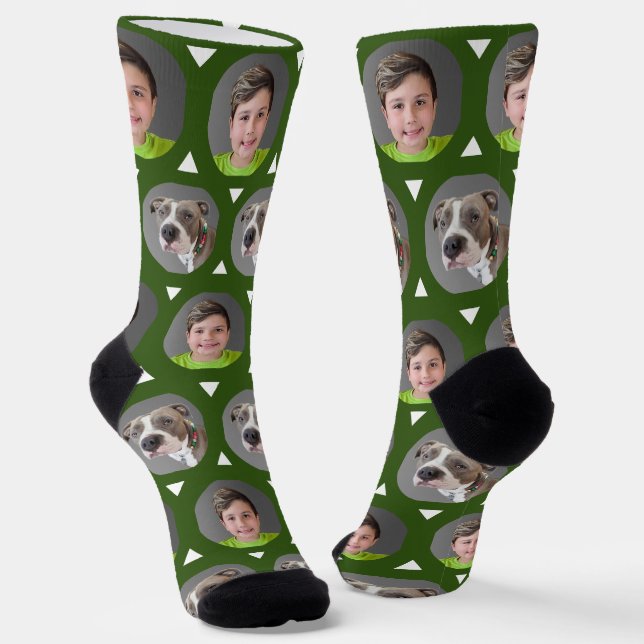 Cute Forest Green Pet Photo Child Photo 2 Photo Socks (Angled)