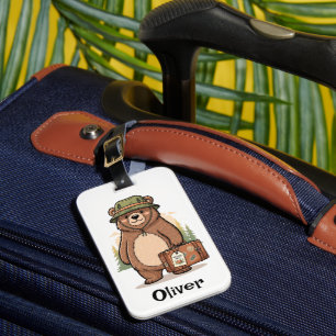 Cute Forest Grizzly with Hiking Hat Luggage Tag