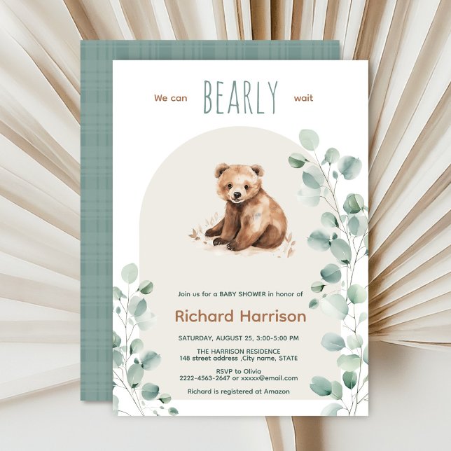 Cute forest leaves bear baby shower invitation (Watercolor bear sage green beige eucalyptus Minimalistic watercolor gender neutral baby shower)