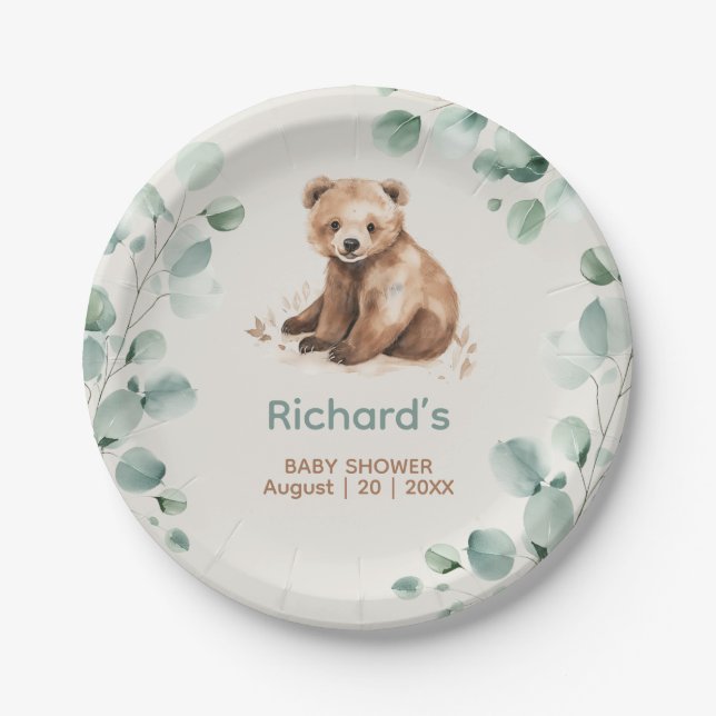 Cute forest leaves bear baby shower invitation paper plate (Front)