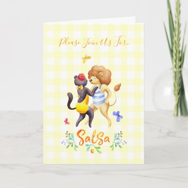 Cute Forest Lions Dancing Salsa Yellow Gingham Invitation (Front)